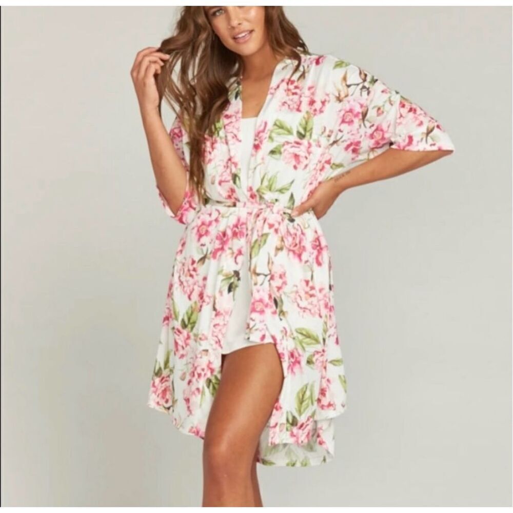 Show Me Your MuMu White Floral Kimono Robe with Pink & Green Print